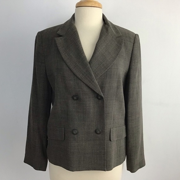Talbots camel/black windowpane plaid double breasted lined wool blend blazer 10P - Picture 1 of 11